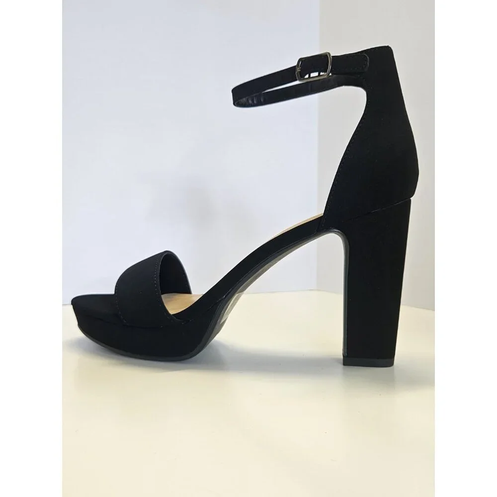 Stylish High Block Heel Women's Size 8 Open Toe Platform Ankle Strap Black Suede